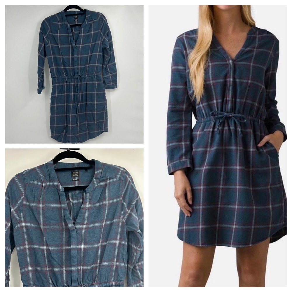 prAna Womens Blue Plaid Flannel Drawstring Waist Shirt Dress Size S Tunic Pocket